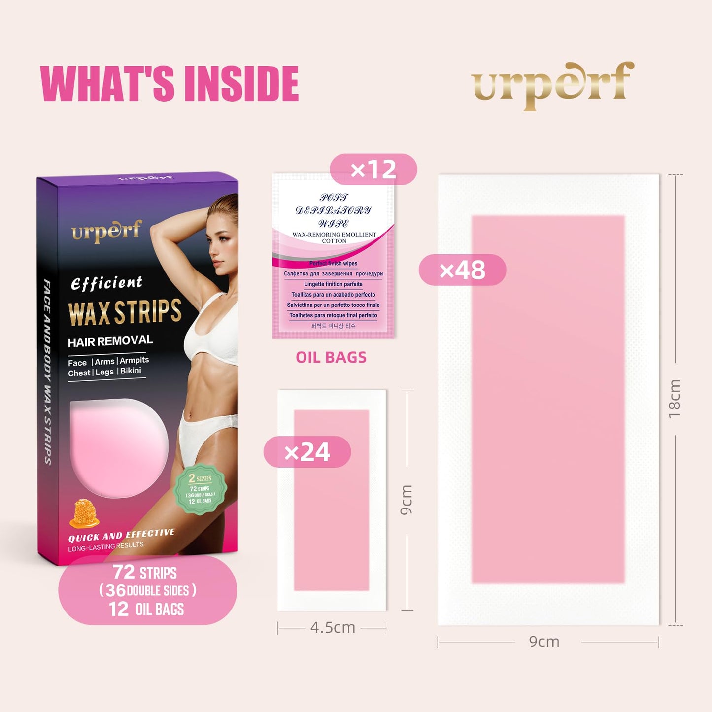 72 Count Brazilian Wax Strips for Smooth Skin, 24 Facial Wax Strips, 48 Body Wax Strips, 12 Calming Oil Wipes Women and Men Hair Removal Waxing Kit for Face, Underarms, Bikini, Legs - Red Strips