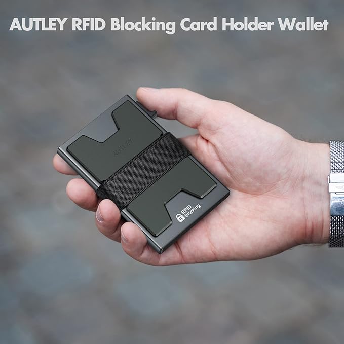 AUTLEY Slim Wallet for Men, RFID Blocking Mens Wallet, Pop Up Credit Card Holder Wallet with Cash Band (Grey)