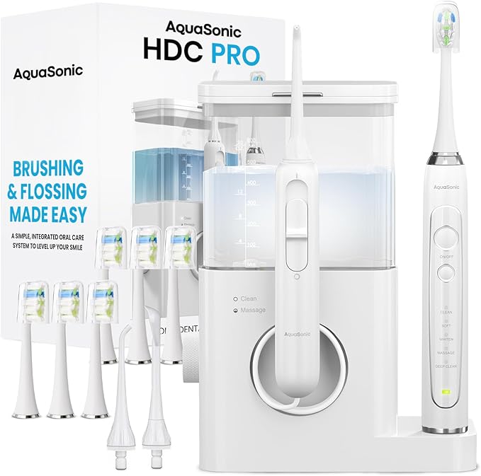 AquaSonic Home Dental Center PRO – Brushing & Flossing Made Easy – Brush & Floss – Power Toothbrush & Water Flosser – Whiter Teeth & Healthier Gums