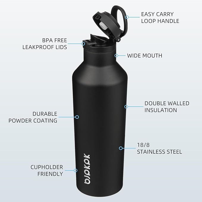 BJPKPK Insulated Water Bottle With Straw 25oz Stainless Steel Water Bottles With 2 Lids And Carry Handle Reusable Travel Metal Thermo,Black