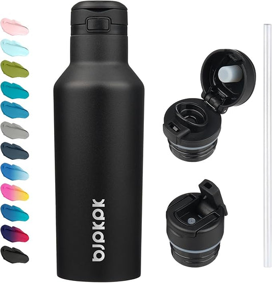BJPKPK Insulated Water Bottle With Straw 17oz Stainless Steel Water Bottles With 2 Lids And Carry Handle Reusable Travel Metal Thermo,Black