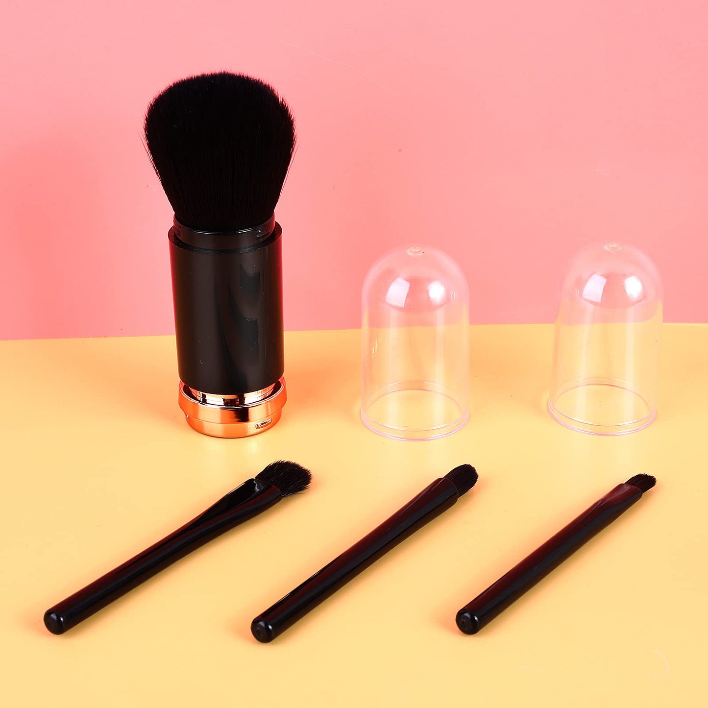 Molain Mini Makeup Brush Set - 4 in 1 Portable Travel Lip, Highlight, Eyeshadow, Foundation Blending Powder Brush Set (Black)