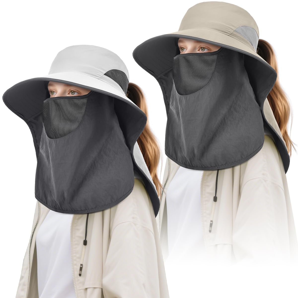 2 Pack Womens Outdoor Wide Brim Sun Hat with Neck Face Flap,UPF 50 Protection Fishing Hiking Garden Work Hats with Ponytail (US, Alpha, One Size, Light Grey ＆ Khaki)