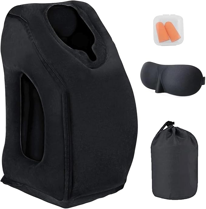 Inflatable Travel Pillow, Airplane Neck Pillow for Sleeping, Supports Head and Chin for Airplanes,Trains,Cars and Office Napping with 3D Eye Mask and Earplugs and Portable Drawstring Bag