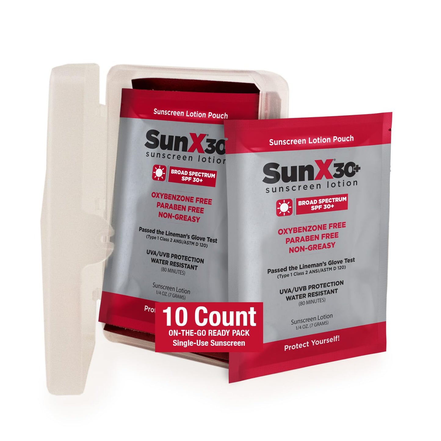 CoreTex Sun X 30+ SPF Individual Sunscreen Packets Travel Size w/Carrying Case - Pack of 10 Paraben, Oxybenzone, & Oil Free Sunscreen - No White Cast and Water & Sweat Resistant Up to 80 Minutes