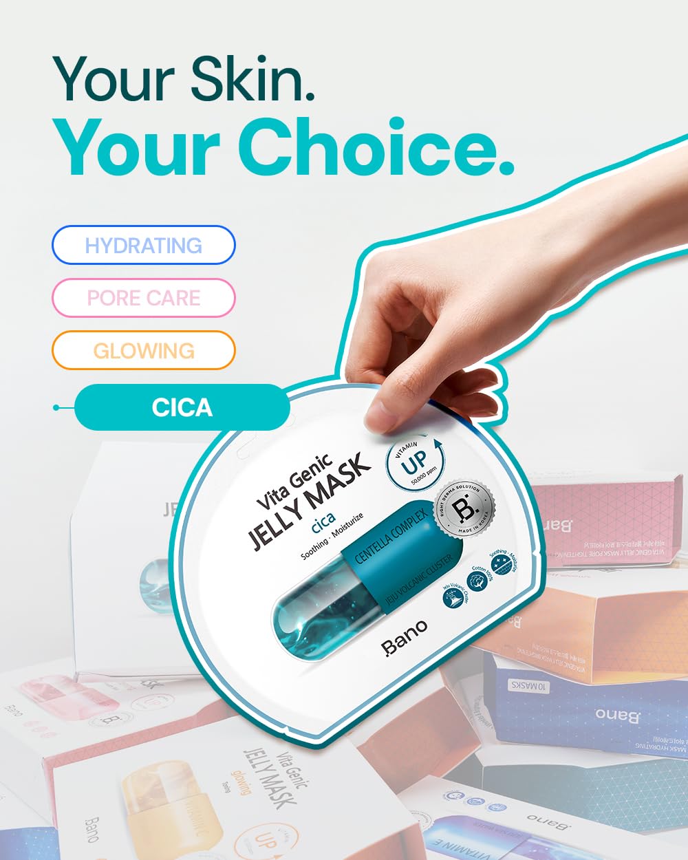 Bano Vita Genic Jelly Face CICA Mask 10EA – Soothing & Hydrating Sheet Mask for Sensitive Skin, Korean Glass Skin Care with Centella, Vitamin C, Biotin & Niacinamide, Fragrance-Free