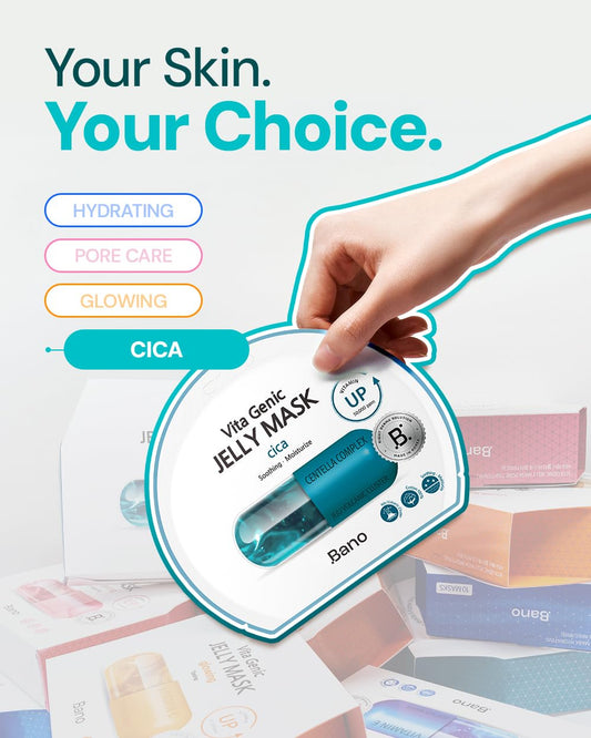 Bano Vita Genic Jelly Face CICA Mask 10EA – Soothing & Hydrating Sheet Mask for Sensitive Skin, Korean Glass Skin Care with Centella, Vitamin C, Biotin & Niacinamide, Fragrance-Free