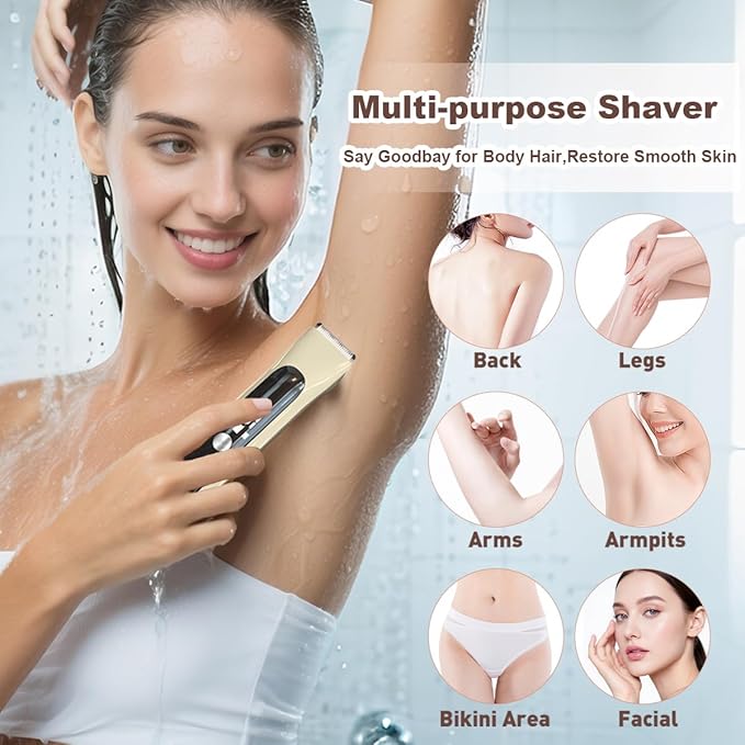 2 in 1 Women Electric Shaver,Dual Head Bikini Trimmer for Women with Ceramic Blade IPX7 Waterproof Wet & Dry Use Body Hair Trimmer,Electric Razor USB Rechargeable with HD LED Display (Beige)