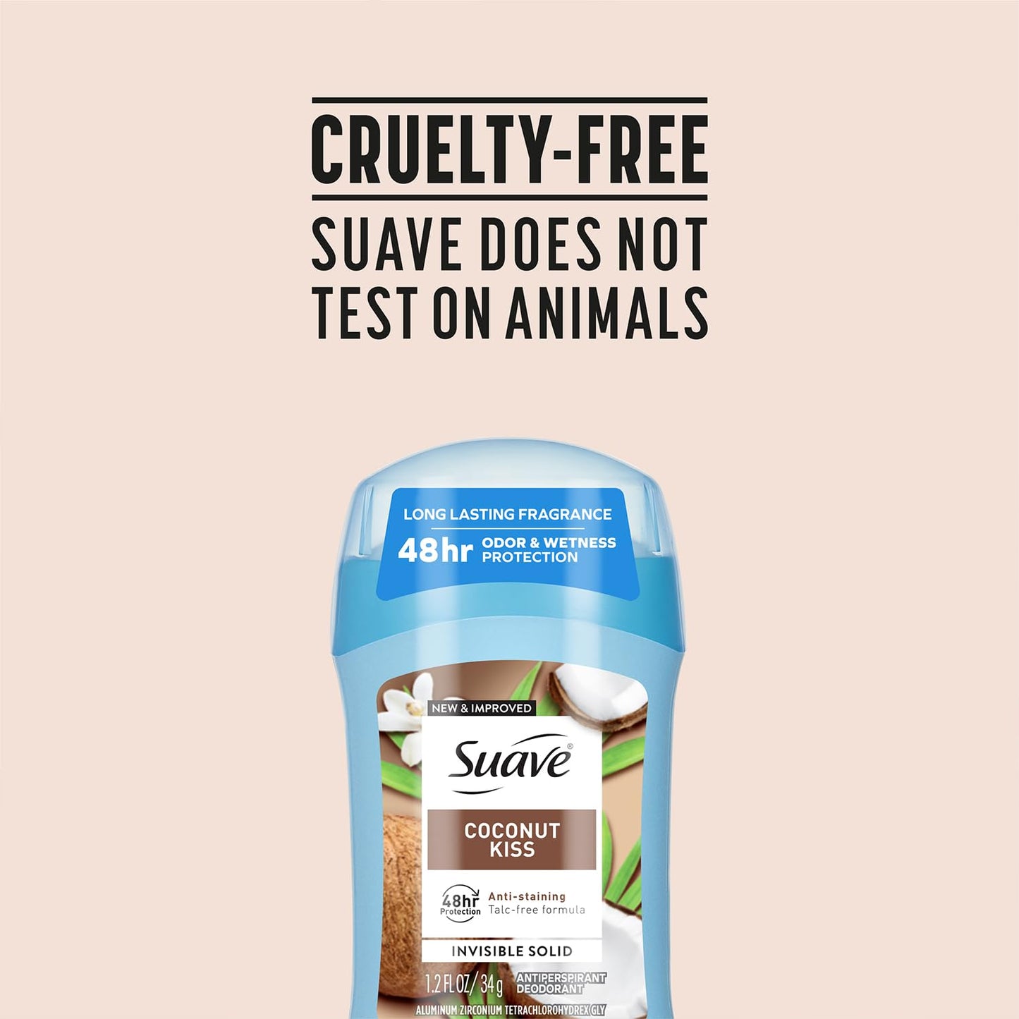 Suave Antiperspirant Deodorant for Women, Coconut Kiss 2-Pack – Anti-Staining Invisible Solid Sticks, Talc-Free, 1.2 Oz Ea