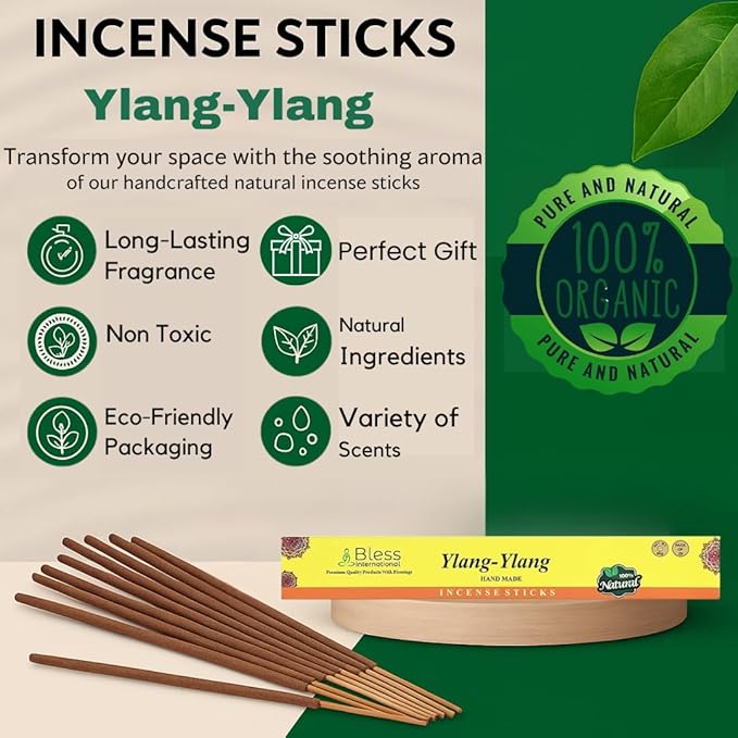 Bless-YLANG-YLANG 100%-Natural-Handmade-Hand-Dipped-Incense-Sticks Organic-Chemicals-Charcoal-Free Purification-Relaxation-Positivity-Yoga-Meditation Best-Woods-Scent (25 Sticks (1.4 OZ))