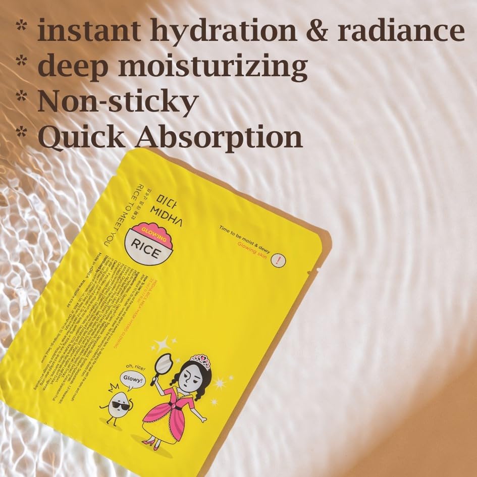 MIDHA Rice Milk Mask Hydro Glowing, moisturizing and glowing facial sheet mask 5ea 1Pack, helps to immediately hydrate and make natural glowy skin