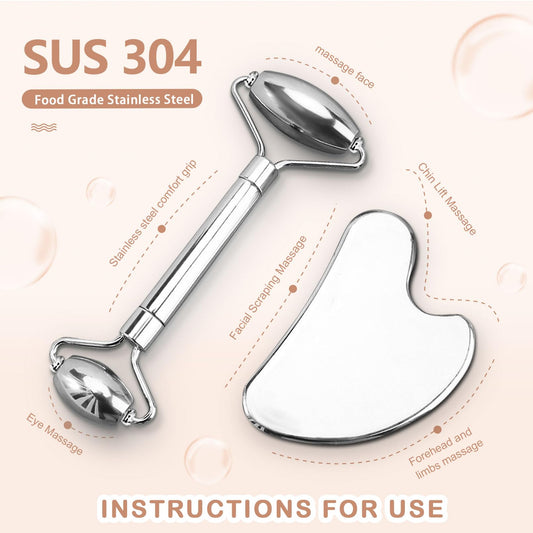 CUTELIILI Stainless Steel Facial Roller & Gua Sha - Metallic Gua Sha, Gua Sha Facial Tools 304 Stainless Steel, Face Body Treatment, Reduce Puffiness, Lymphatic Drainage, Facial Tension