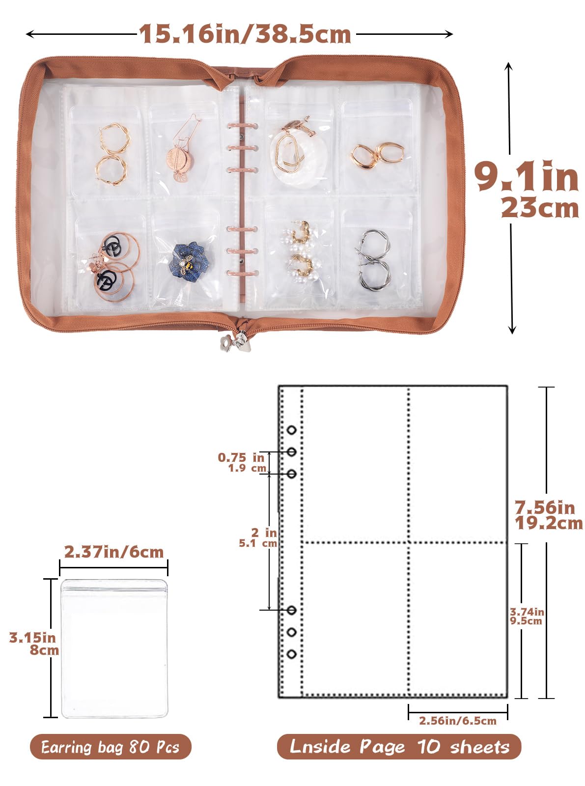 Jewelry Organizer Case Travel Jewelry Storage Bag Clear Jewelry Rolls (Light Brown,With 80 PCS Earring Pouches)