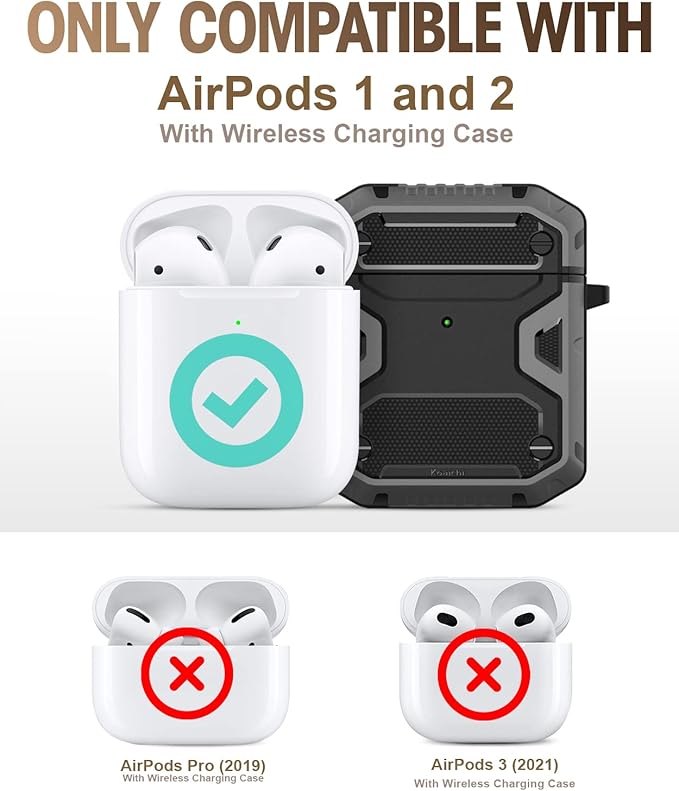 Koaichi Compatible with AirPods Case, Full-Body Rugged Hard Shell Protective Case Cover with Keychain Designed for AirPods 1st & 2nd, Black