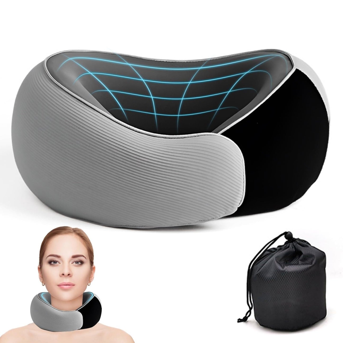 Travel Neck Pillow for Airplanes – 100% Memory Foam, 360° Head Support, Breathable & Washable Cover, Compact for Travel, Car & Flights