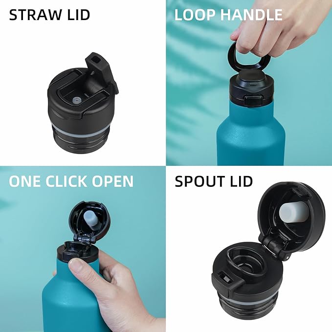 BJPKPK Insulated Water Bottle With Straw 17oz Stainless Steel Water Bottles With 2 Lids And Carry Handle Reusable Travel Metal Thermo,Indigo Black