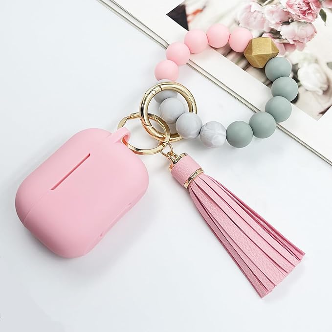 Compatible with Airpods Pro Soft Silicone Case Cover with Bracelet Keychain for Apple Airpod Pro 1st Generation Case for Women (Pink)