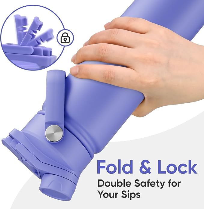 24 oz Insulated Water Bottle, 2-in-1 Lid, Straw & Spout with Protected, Leak Proof, Keep Cold, Stainless Steel, Metal, Reusable, Handle, for Travel, Gym and School, 2 Lids, Aurora Blue