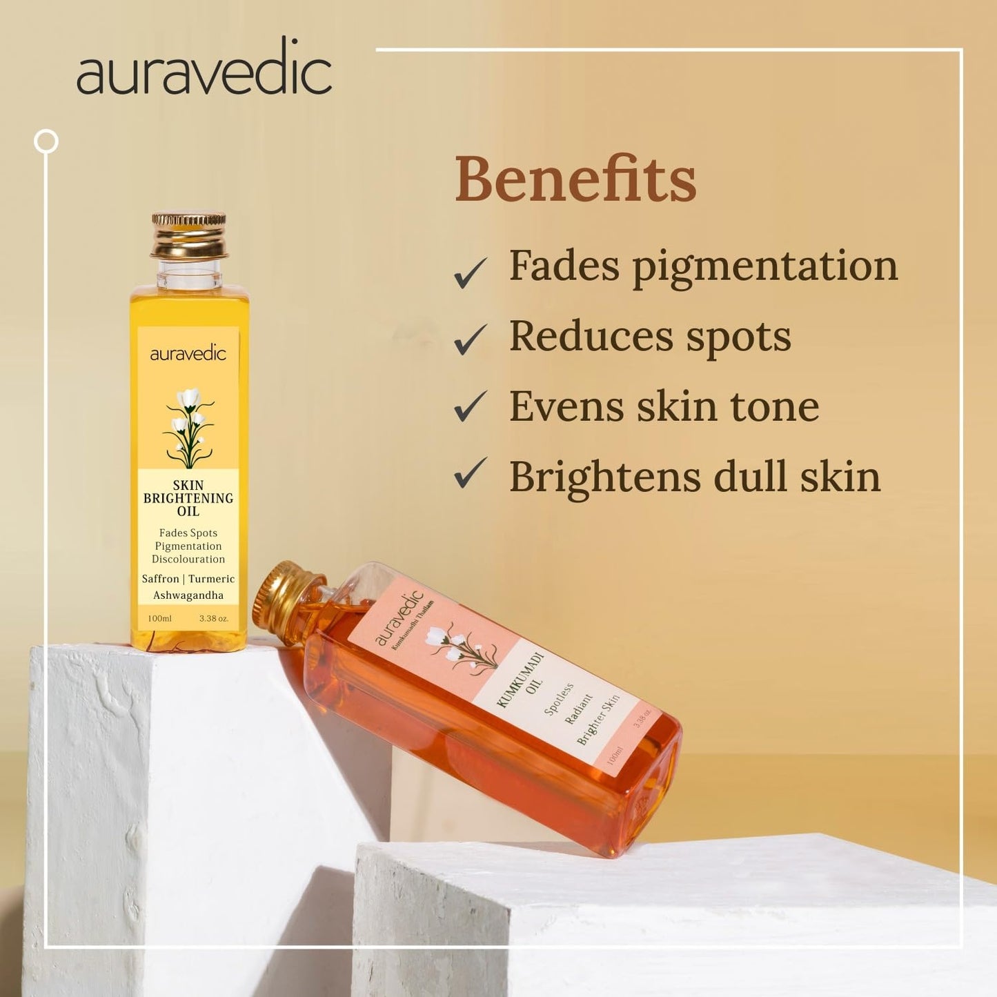 Auravedic Kumkumadi Oil & Skin Oil Combo | Saffron, Turmeric and Winter Cherry Infused Face Moisturizer | Hydrating & Moisturizing | for All Skin Types | 3.38Fl Oz (100ml)