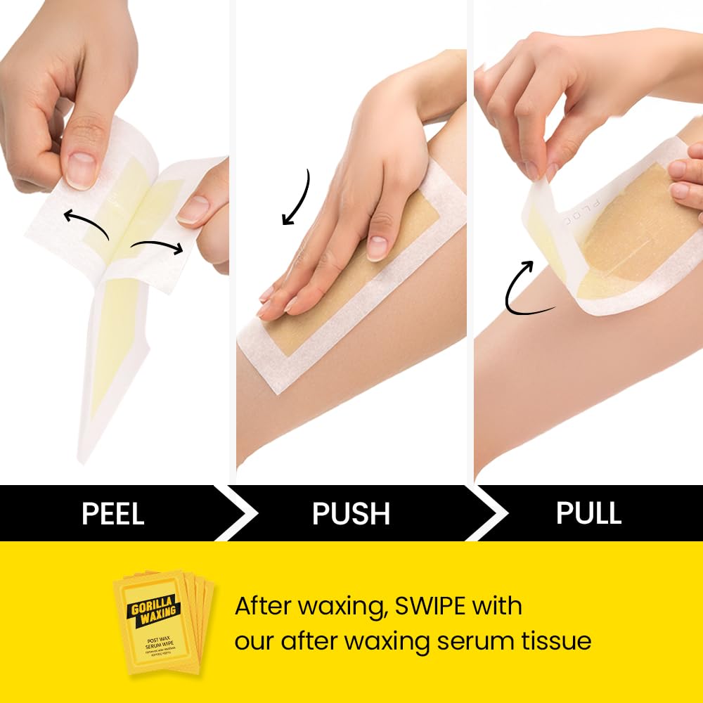 Gorilla Waxing Strip & Go Wax Strips Kit – 28 Multi-Size Wax Strips + 4 Calming Serum Wipes, Ready-to-Use Hair Removal for Face & Body, Sensitive Skin, No Heating Needed, Korean Skin Care