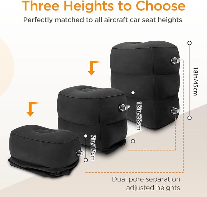 HOMCA Inflatable Travel Foot Rest Pillow, Adjustable Height Leg Pillow，Fast Inflating Airplane Bed for Toddlers，Footrest Pillow for Office, Airplane，Train，Cars，Home