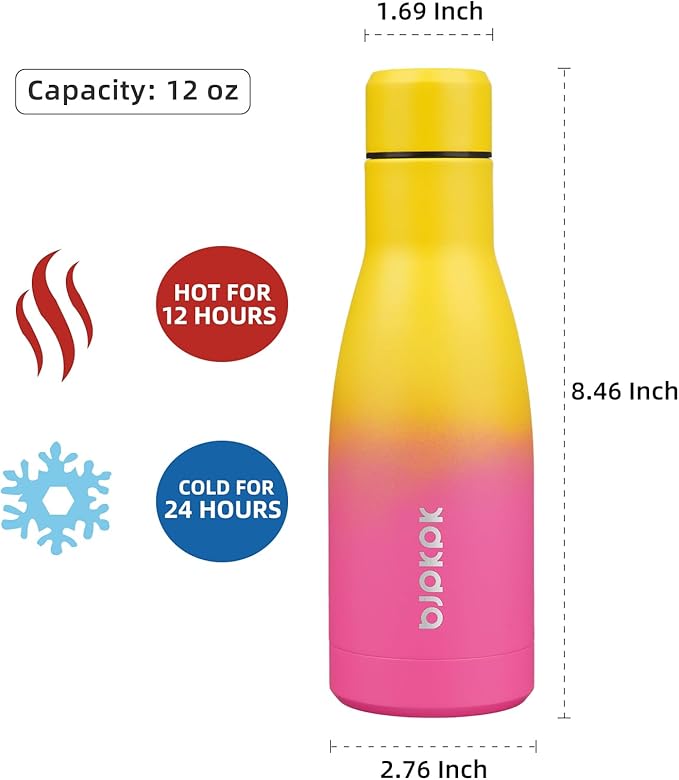 BJPKPK 12oz Water Bottles Stainless Steel Double Wall Vacuum Insulated Small Water Bottles for Travel,Rainbow