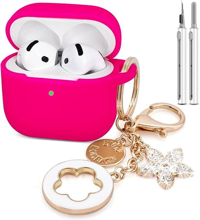 Airpods 4 Cases Silicone Protective Case for Airpod 4 with Bling Keychain for Apple AirPods 4th Generation Wireless Earbuds with Cleaner Kit (Hot Pink)