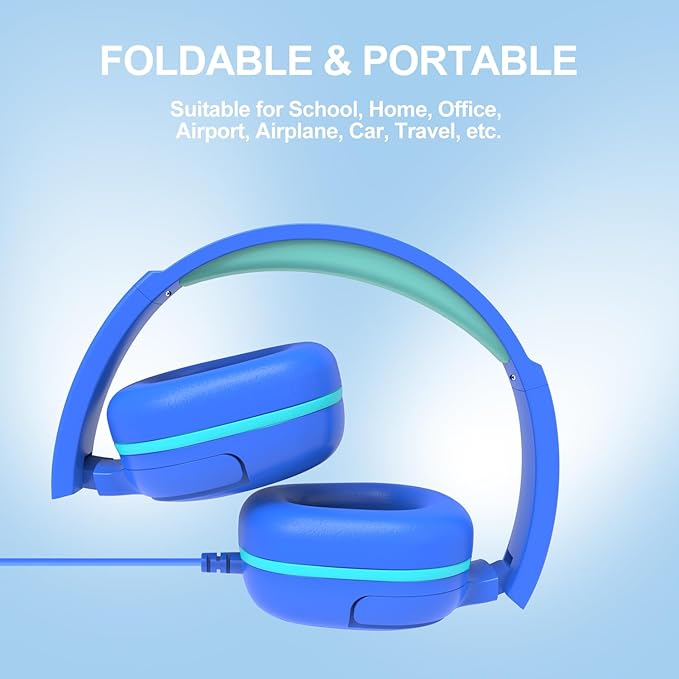 Kids Headphones for School, 3.5mm Jack Wired Headphones for Kids with Safe Volume Limiter, HD Stereo Sound On-Ear Girls Boys Toddler Headphone for Tablet, iPad, Kindle(Blue)