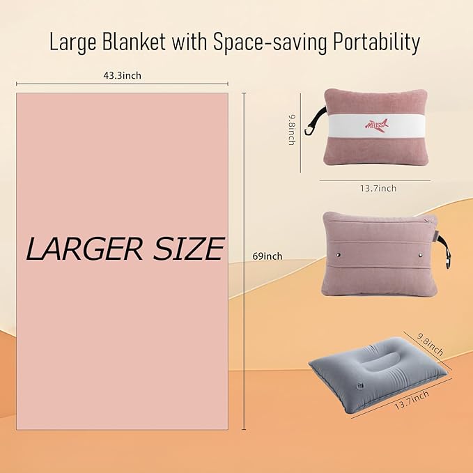 Melissa Large Travel Blanket and Inflatable Pillow Set - 69“ x 43.3” – Soft Blanket with Carry Bag – Lightweight, Compact & Washable for Backpacking, Hiking, Airplane, Car, Office, Camping (Pink)