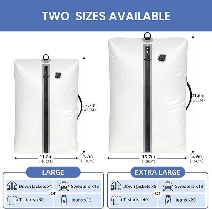 BAGAIL TPU Vacuum Bag for Travel, Reusable Compression Bag with IPX8 Waterproof Zipper, Save Space for Suitcase, Backpack and Carry on (White, Large, No Pump)