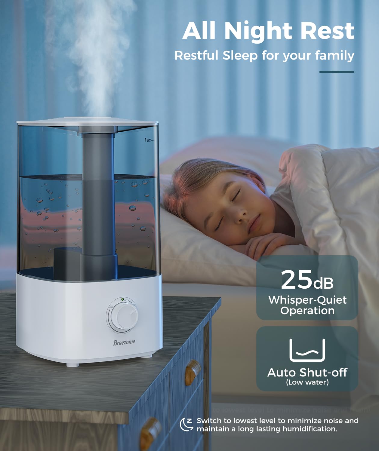 BREEZOME 4L Humidifiers for Bedroom, Essential Oil Diffuser, Top Fill Cool Mist Ultrasonic Humidifiers for Baby, Plants, Nursery, Humidifier for Large Room Last up to 50 Hours, Quiet Operation