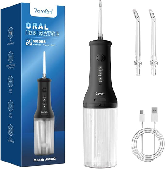 7AM2M Portable Water Flosser Cordless, Water Flosser with 3 Modes and 2 Jet Tips, USB C Rechargeable, IPX7 Waterproof, Dental Water Flosser for Travel and Home Use (Black)