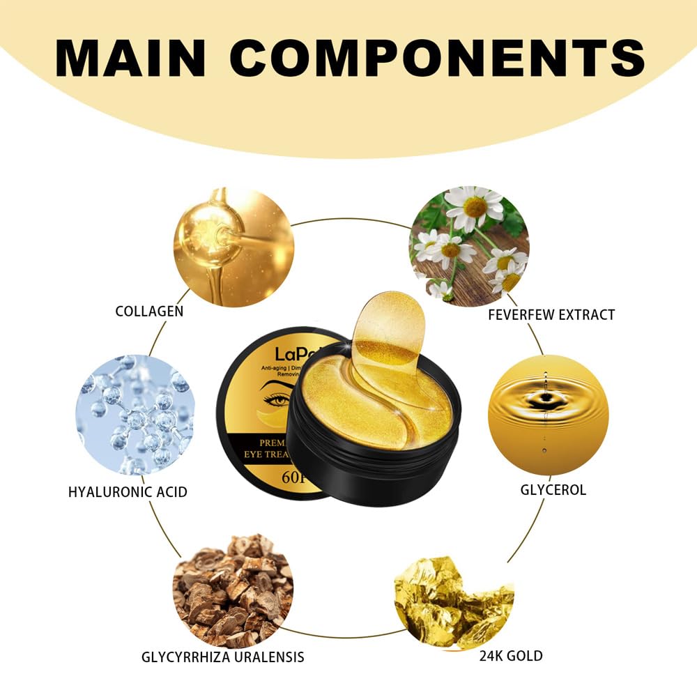 LaPalo 24K Gold Eye Mask (60Pcs) Under Eye Patches for Puffy Eyes & Dark Circles - with Collagen,Glycyrrhiza,Glabra, Natural Plant Ingredients Eye Skin Care Pads
