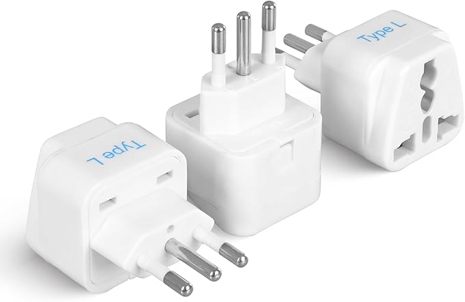 Ceptics Italy Power Adapter, Type L plug adapter, Universal Travel Adapter Chile, Italy travel adapter plug perfect for Rome, Lybia, Tunisia, Uruguay, GP-12A - White (3 Pack)