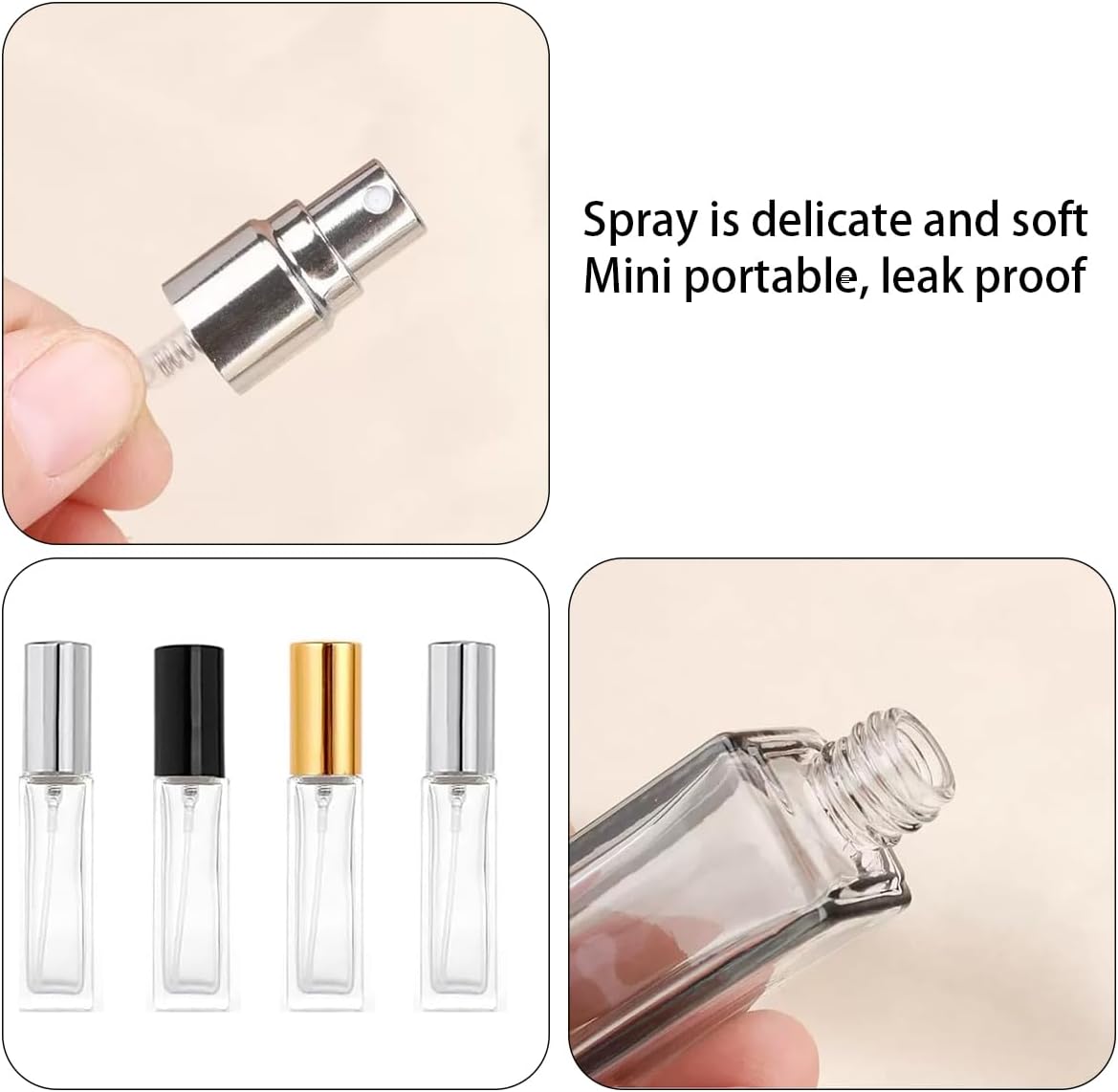 4 Pcs 10ML Transparent Glass Travel Refillable Mini Perfume Bottles Fine Mist Perfume Atomizer, Small Empty Sample Containers,For Perfume, Toner, Lotion(Gold/Sliver/Black Lid)