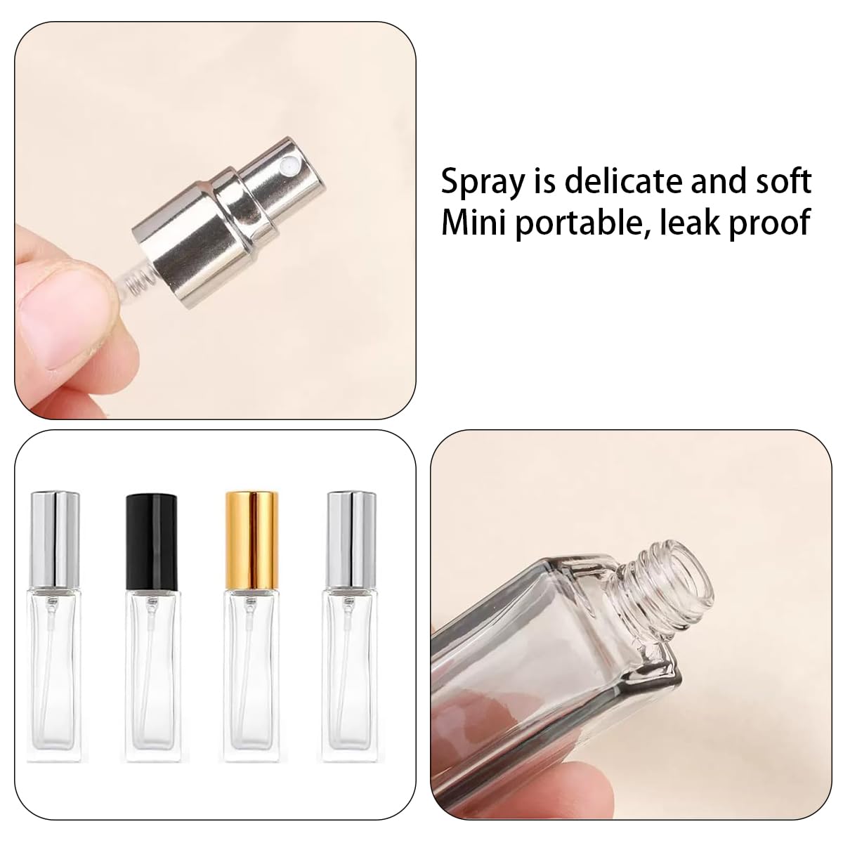 4 Pcs 10ML Transparent Glass Travel Refillable Mini Perfume Bottles Fine Mist Perfume Atomizer, Small Empty Sample Containers,For Perfume, Toner, Lotion(Gold/Sliver/Black Lid)