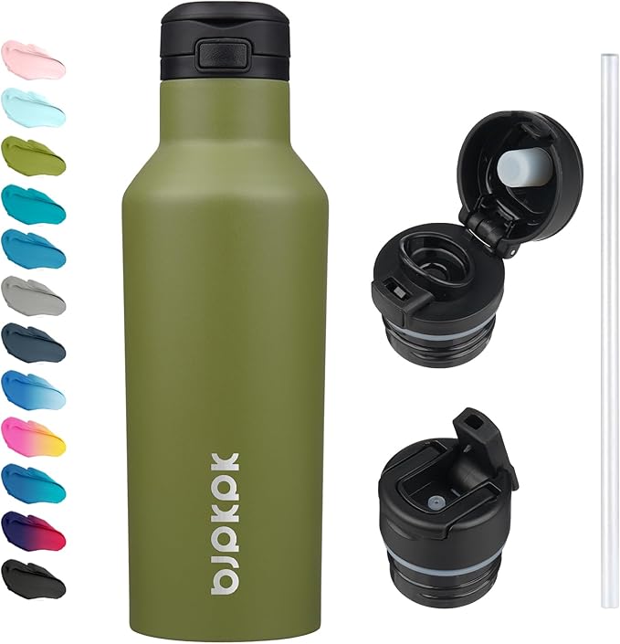 BJPKPK Insulated Water Bottle With Straw 17oz Stainless Steel Water Bottles With 2 Lids And Carry Handle Reusable Travel Metal Thermo,Olive Green