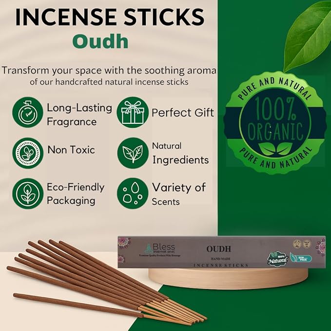 Bless-Oudh 100%-Natural-Handmade-Hand-Dipped-Incense-Sticks Organic-Chemicals-Charcoal-Free Purification-Relaxation-Positivity-Yoga-Meditation Best-Woods-Scent (100 Sticks(5.25 OZ))