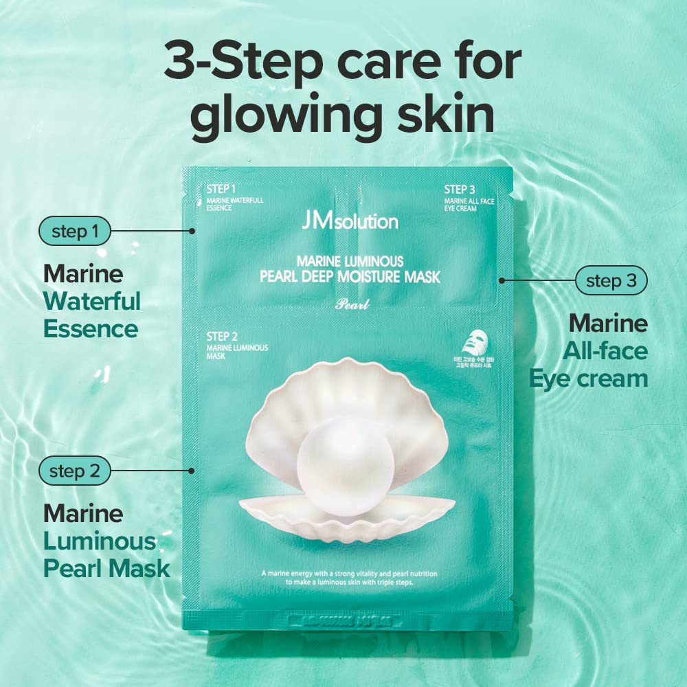 JMsolution Marine Luminous Pearl Deep Moisture 3 Step Skin Care Face Mask - Korean Skincare Facial Mask - boosting Brightening Moisturizing-10 Sheets for Dry Skin