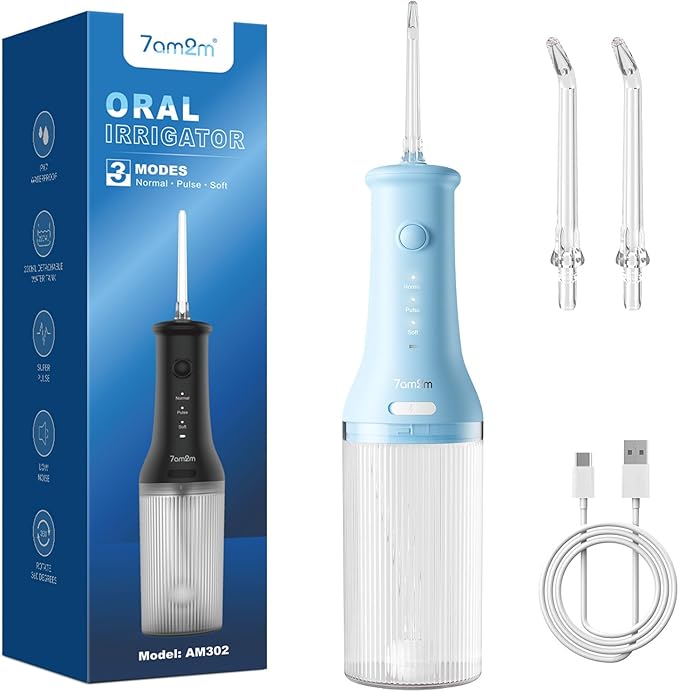7AM2M Portable Water Flosser Cordless, Water Flosser with 3 Modes and 2 Jet Tips, USB C Rechargeable, IPX7 Waterproof, Dental Water Flosser for Travel and Home Use (Light Blue)