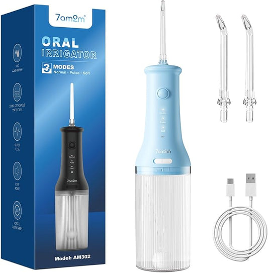 7AM2M Portable Water Flosser Cordless, Water Flosser with 3 Modes and 2 Jet Tips, USB C Rechargeable, IPX7 Waterproof, Dental Water Flosser for Travel and Home Use (Light Blue)