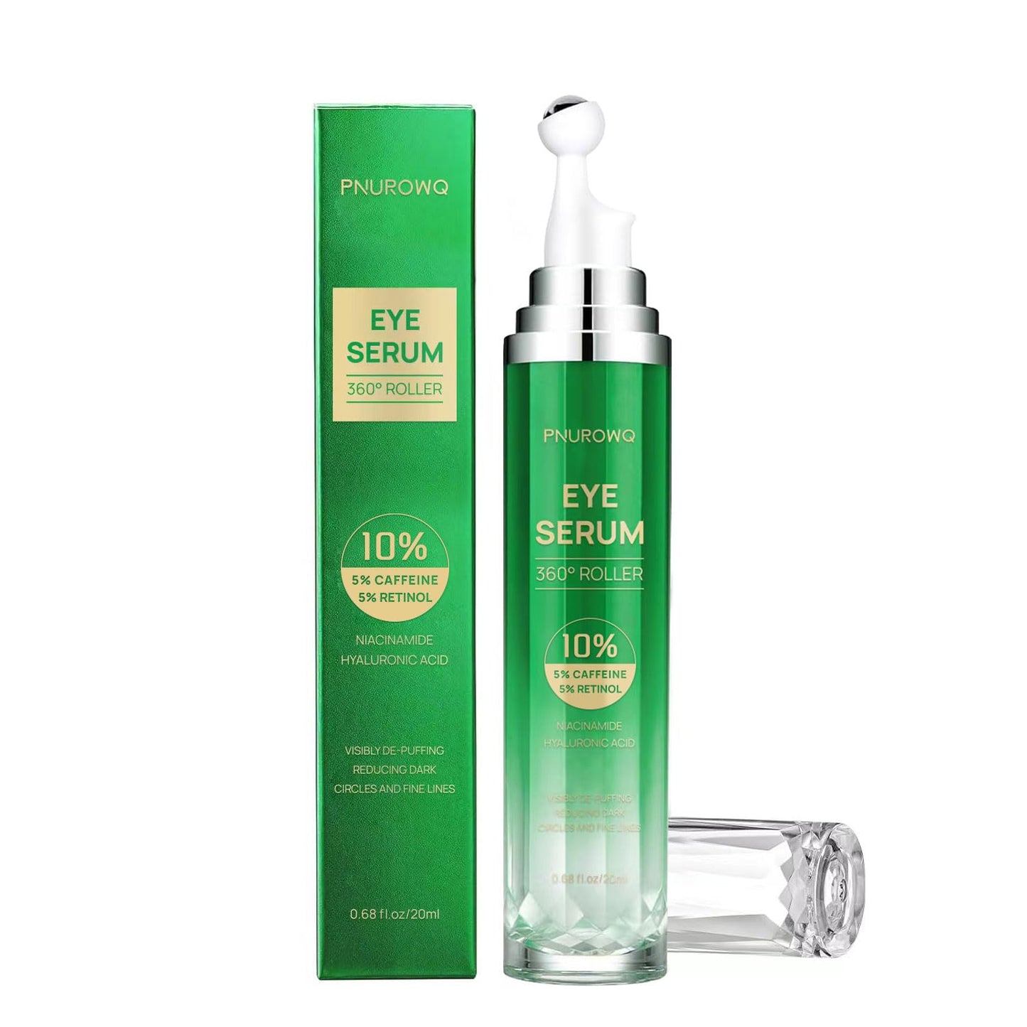 Eye Serum with 5% Caffeine & 5% Retinol for Dark Circles, Puffiness Puffy Bags & Wrinkles Fine Lines - Under Eye Roller Cream Anti Aging Treatment with 360° Massage Ball for Men and Women