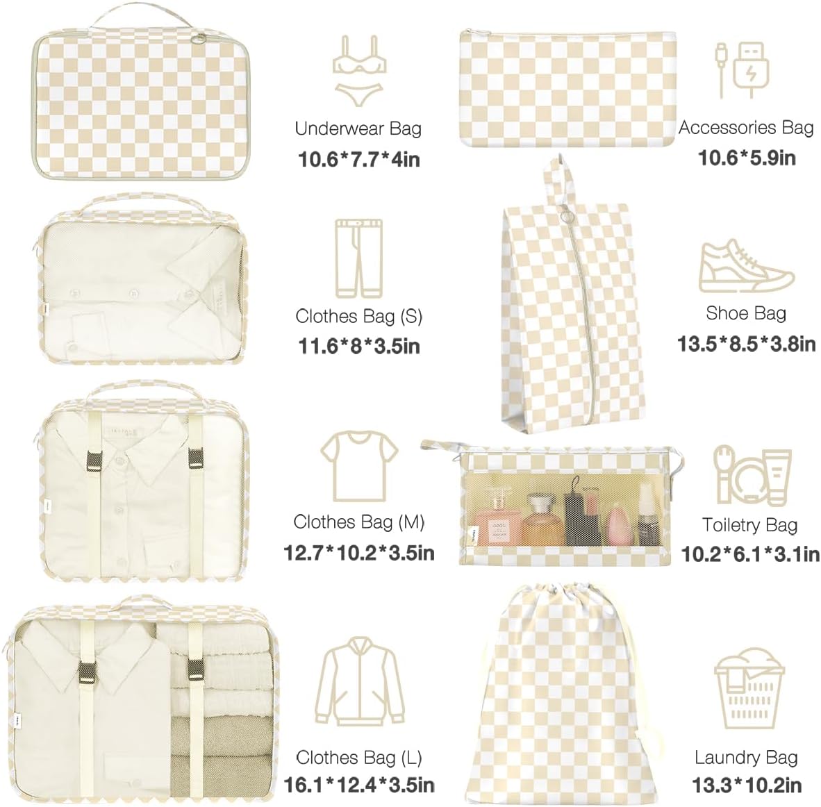 8 Set Packing Cubes for Suitcases,Packing Cube with Shoe, Cosmetics, Clothing, and Accessories Bags Packing Cubes for Travel Luggage Organizer Women Men(Khaki Checkered)