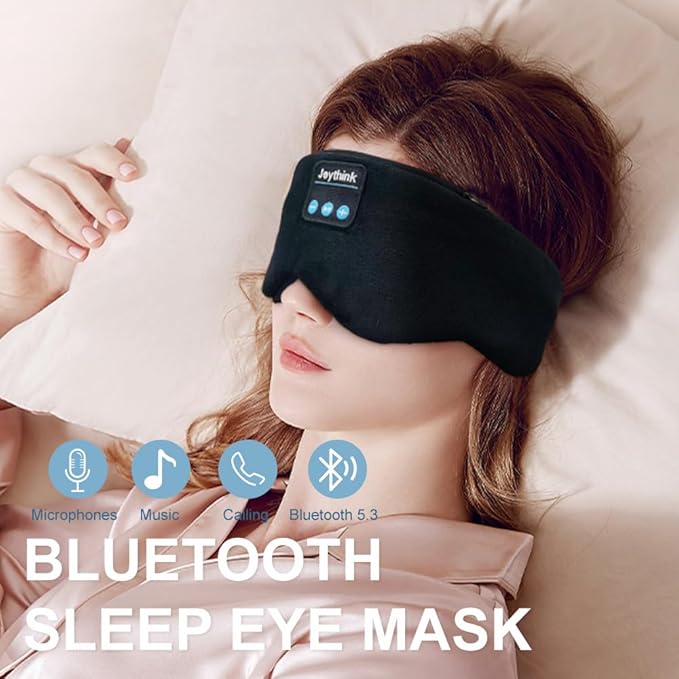 Joythink Sleep Mask Headphones Silk Wireless Bluetooth Headband Eye Mask for Side Sleepers Blackout for Airplane Travel Men Women Black
