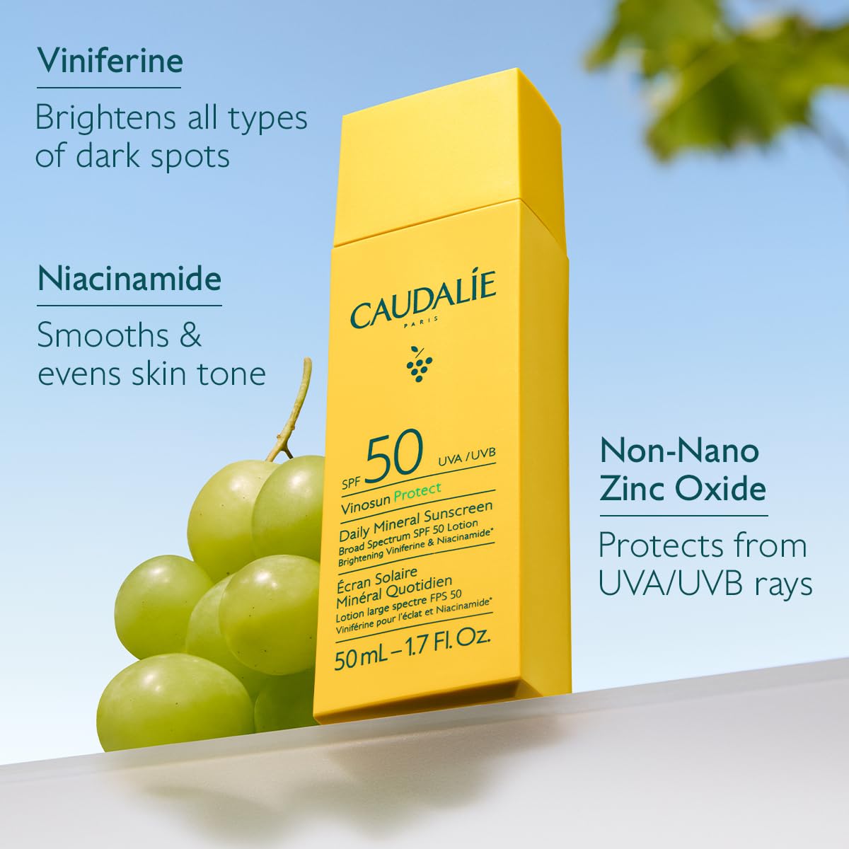 Caudalie Vinoperfect Dark Spot Brightening Serum & Vinosun Daily Mineral Sunscreen for Face, Broad Spectrum SPF 50 Lotion - Skin Care Set