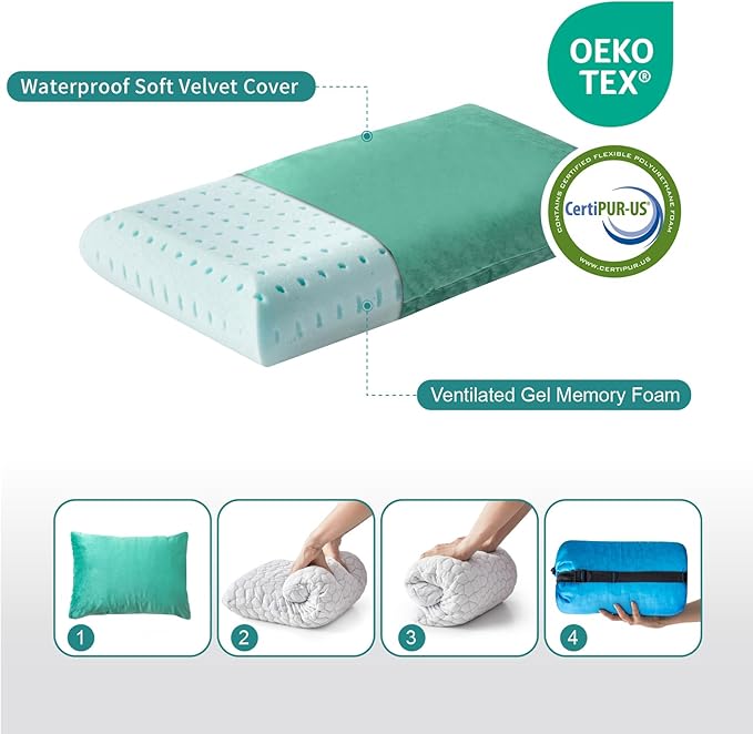 Small Gel Memory Foam Camping Pillow Travel - Contoured Support -Compressible Pillow Ideal for Backpacking, Camping, Travel, Car, Airplane,Office Nap