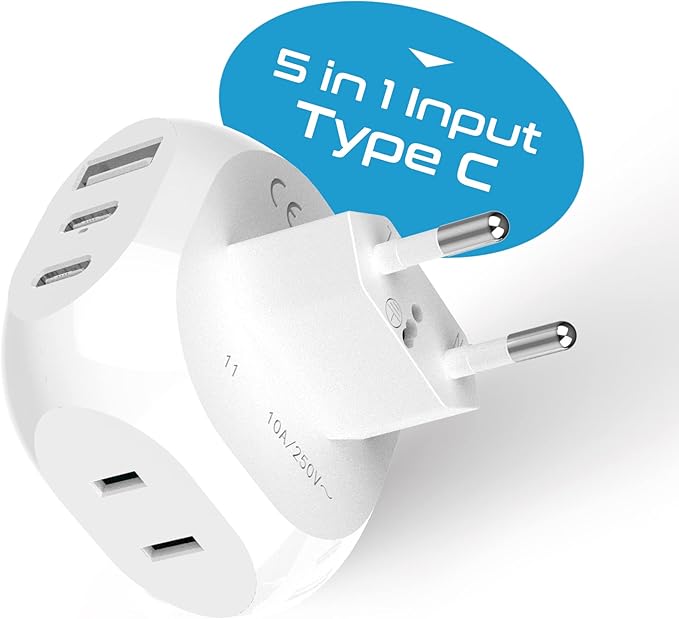 Ceptics European Travel Plug Adapter - 5 Input with 20W PD-QC 3.1A Dual USB-C and USB - Light Weight - USA to Any Type C Countries Such as Italy, Iceland, Austria and More (PTU-9C), White