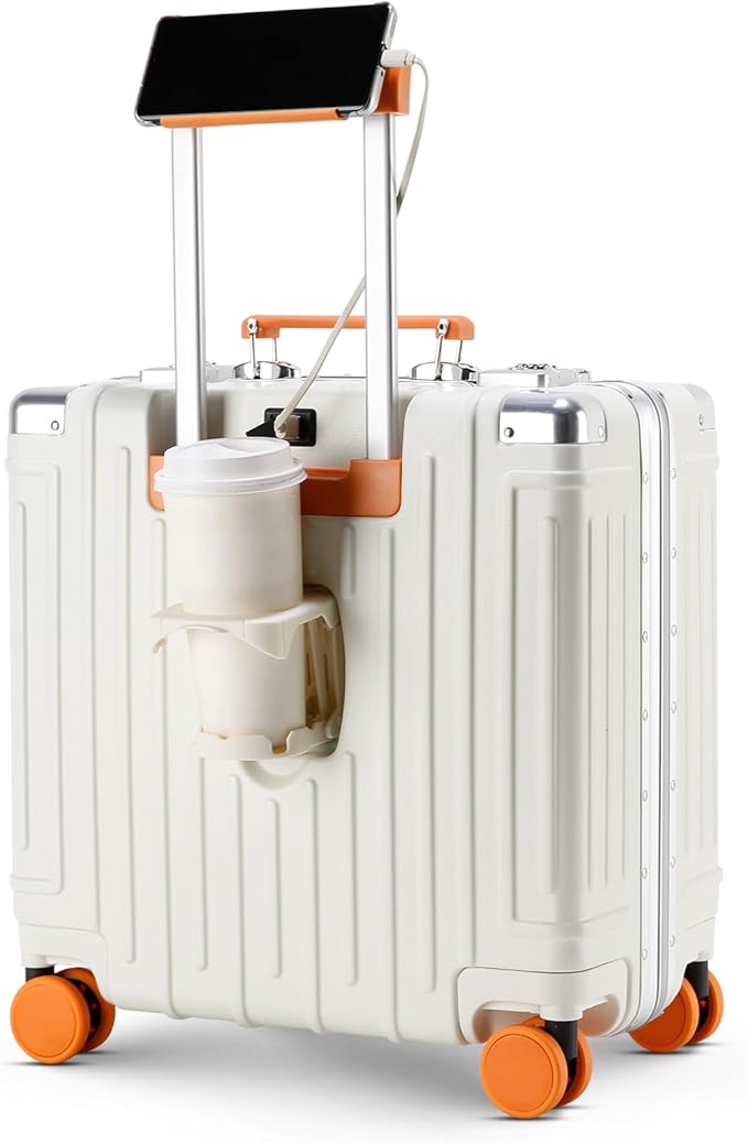 18 Inch Carry On Luggage Suitcase Locks TSA Approved Hardside Lightweight Suitcase with Cup Holder TSA Lock Carry On Luggage with USB Port Phone Holder Suitcases with 360° 8 Double Spinner Wheels