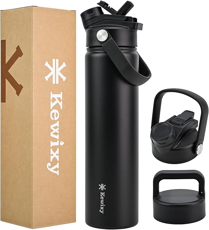 24 oz Insulated Water Bottle, 2-in-1 Lid, Straw & Spout with Protected, Leak Proof, Keep Cold, Stainless Steel, Metal, Reusable, Handle, for Travel, Gym and School, 2 Lids, Midnight Black