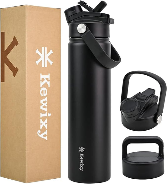 24 oz Insulated Water Bottle, 2-in-1 Lid, Straw & Spout with Protected, Leak Proof, Keep Cold, Stainless Steel, Metal, Reusable, Handle, for Travel, Gym and School, 2 Lids, Midnight Black